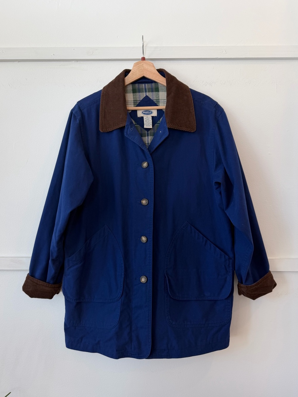 Vintage Indigo Blue Chore Jacket Brown Corduroy Trim size L Barn Coat